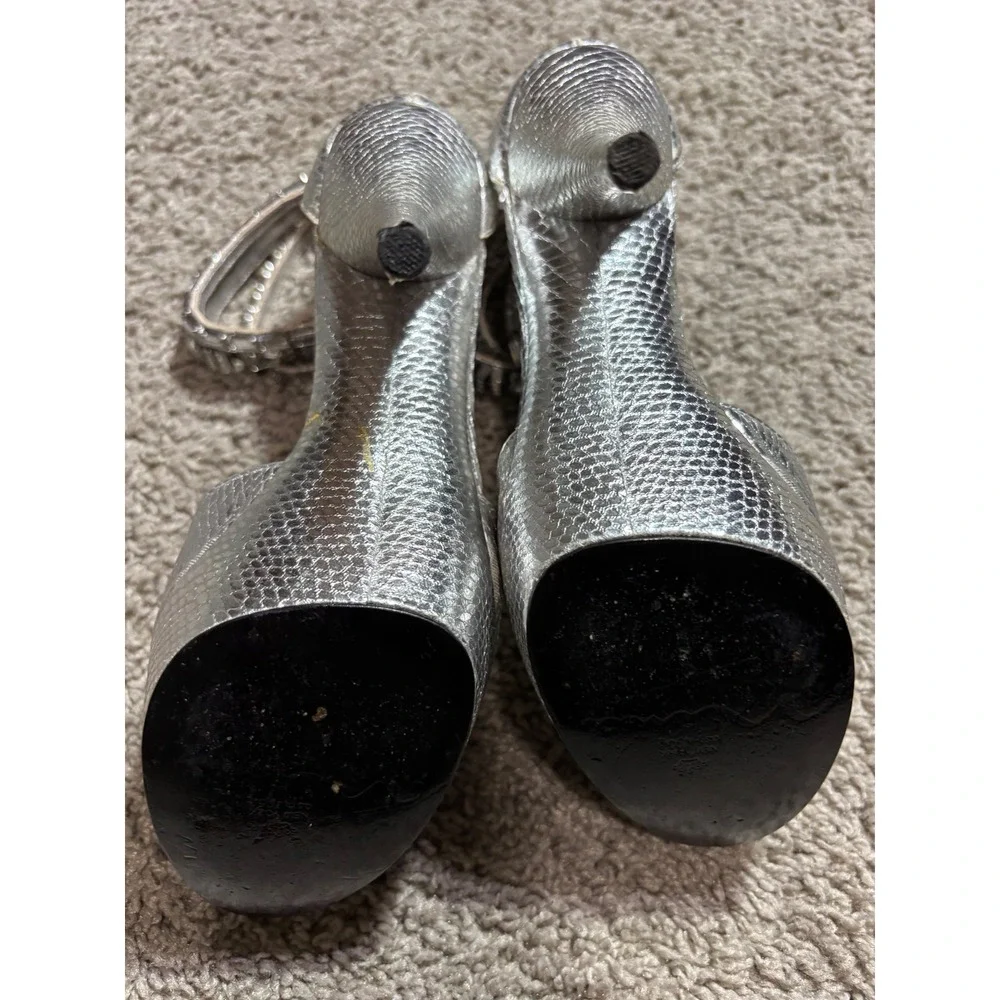 Nina New York Stevi-YY Silver Snakeskin Crystal Ankle Strap Peep Toe Heels